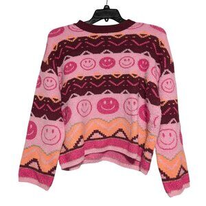 Justice Pink Sweater Smiley Fair Isle Stripe Pixel Art Gamer Womens Size XL Plus